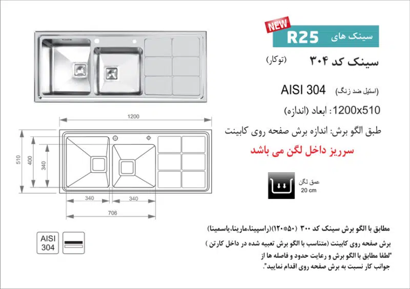 سینک توکار, برند اخوان مدل 304