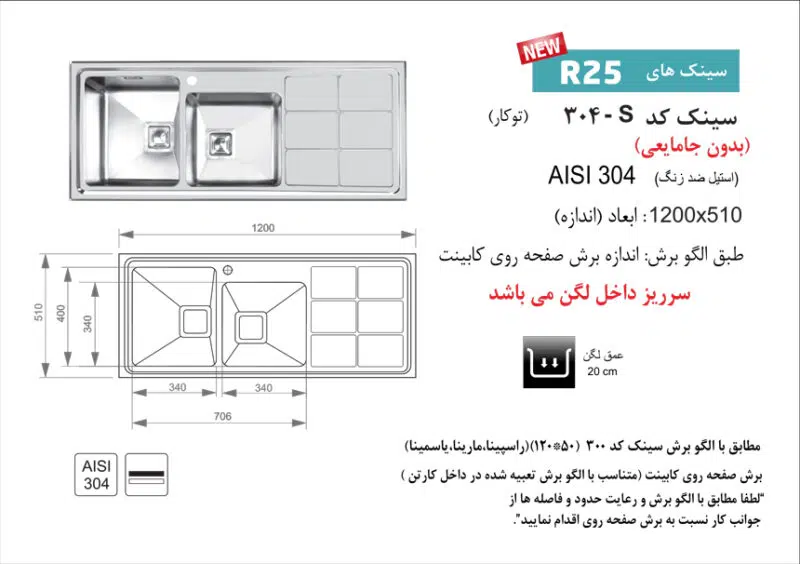 سینک توکار, برند اخوان مدل 304s