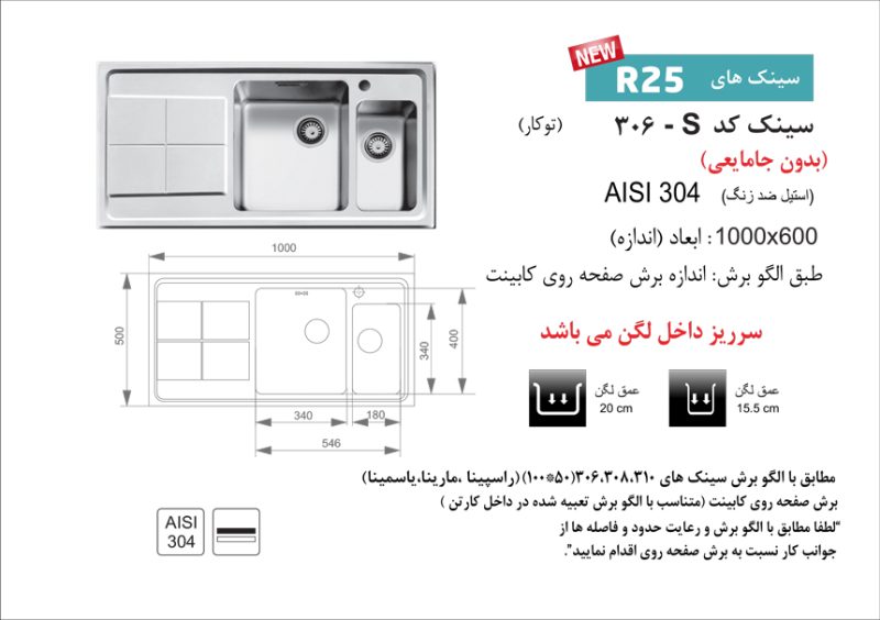 سینک توکار, برند اخوان مدل 306s