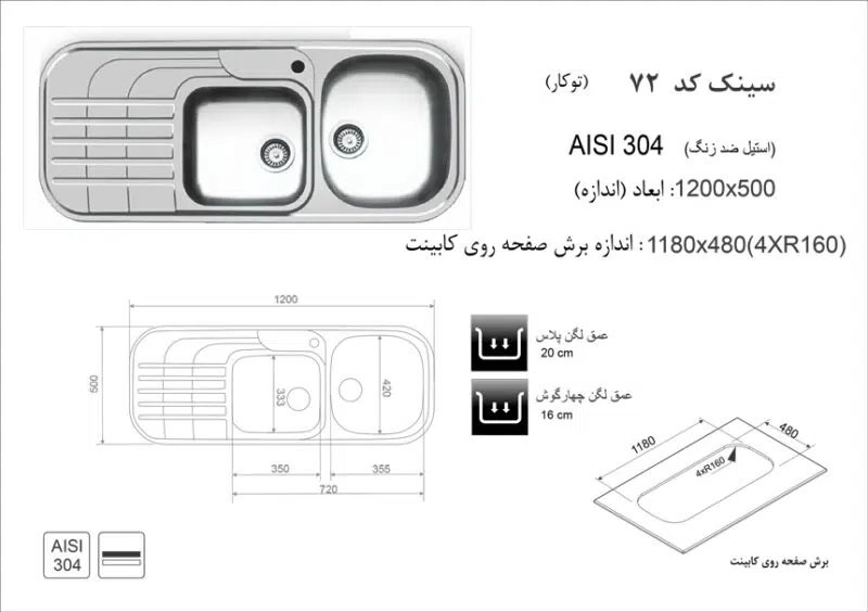 سینک توکار, برند اهوان مدل 72